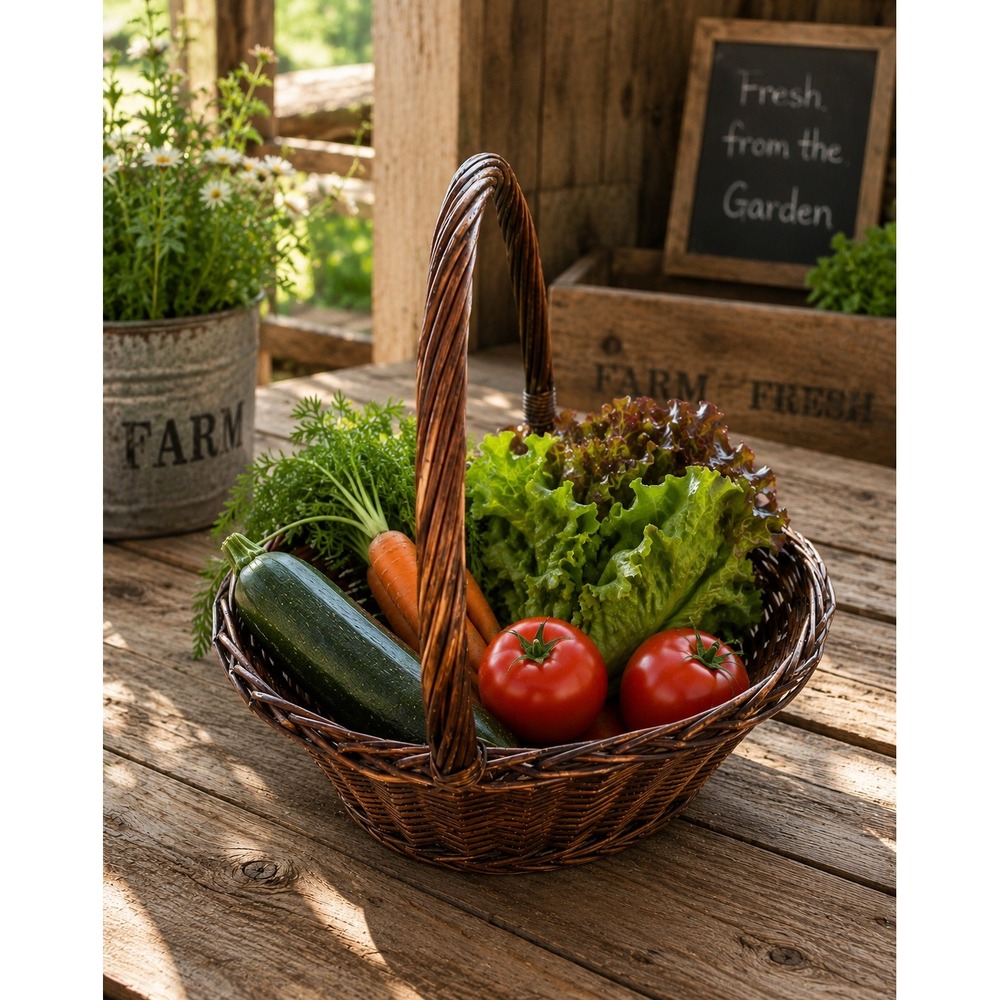 Vintage 70s Brown Hand Woven Wicker Harvest Basket‎ Arch Handle Rustic Garden